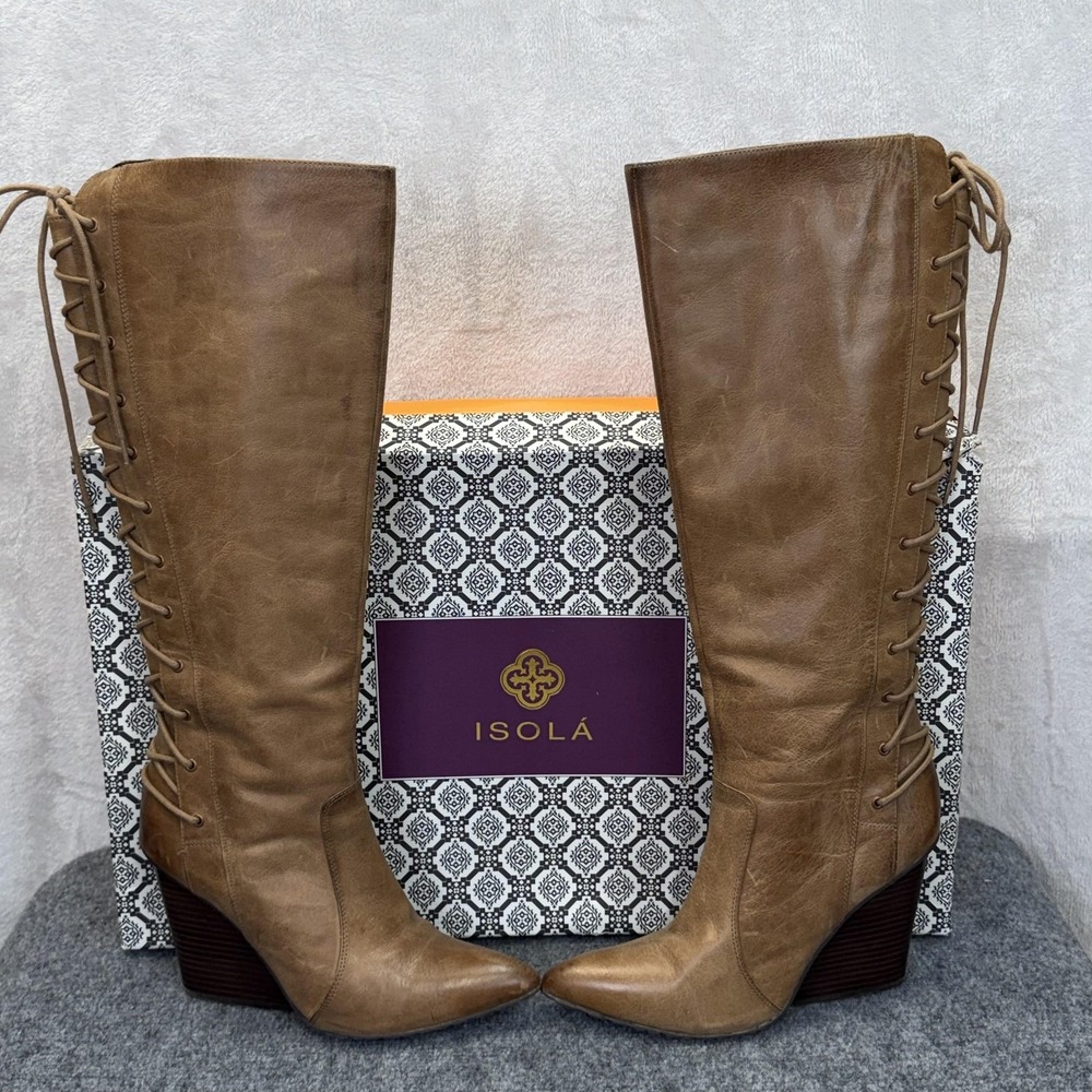 Isola Almira Boots Womens Size 10 Mocha Leather Riding Knee‎ High Wedge Lace Up
